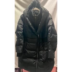 DKNY Women's Double Full Zip Hood Black Puffer Down Knee Coat